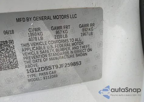 2018 Chevrolet Malibu Lt z USA, uszkodzony, nr VIN 1G1ZD5ST9JF259853